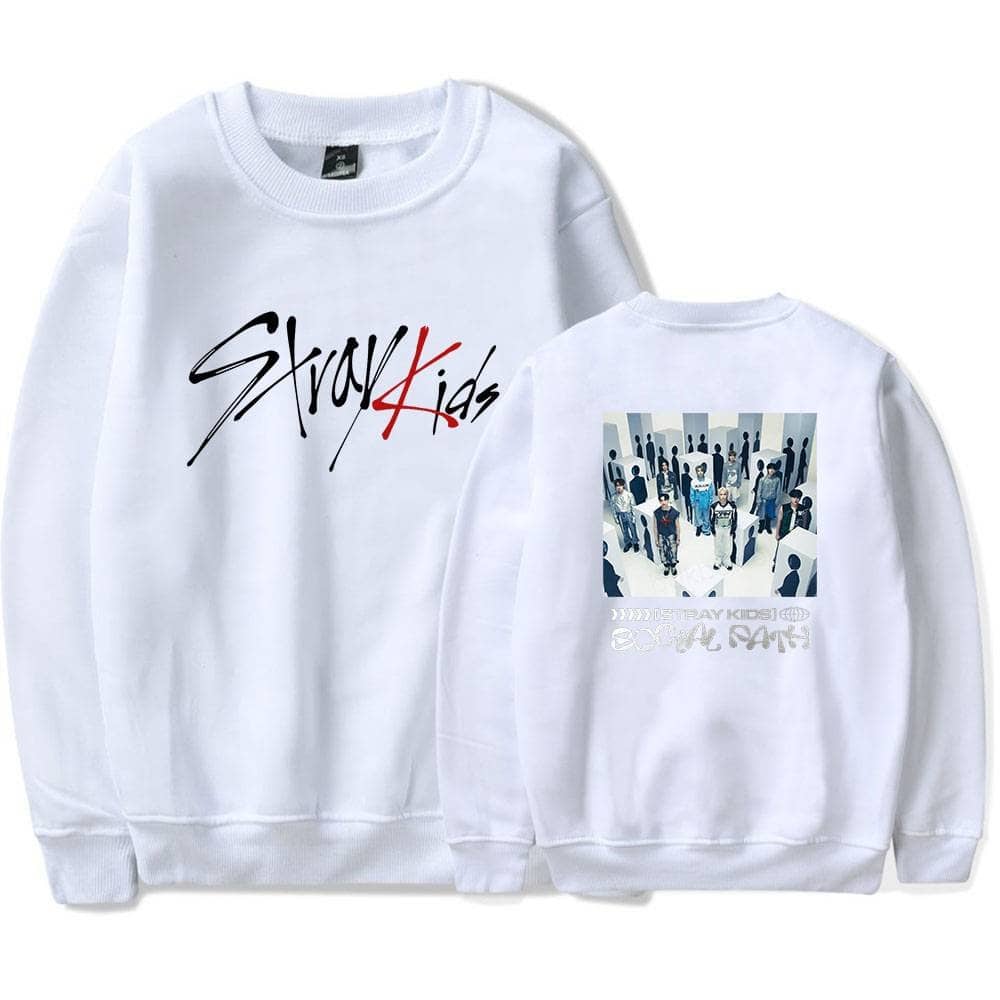 Unique graphic sweatshirts featuring K-pop band Stray Kids, perfect for fans to showcase their love for the group and stay stylish.