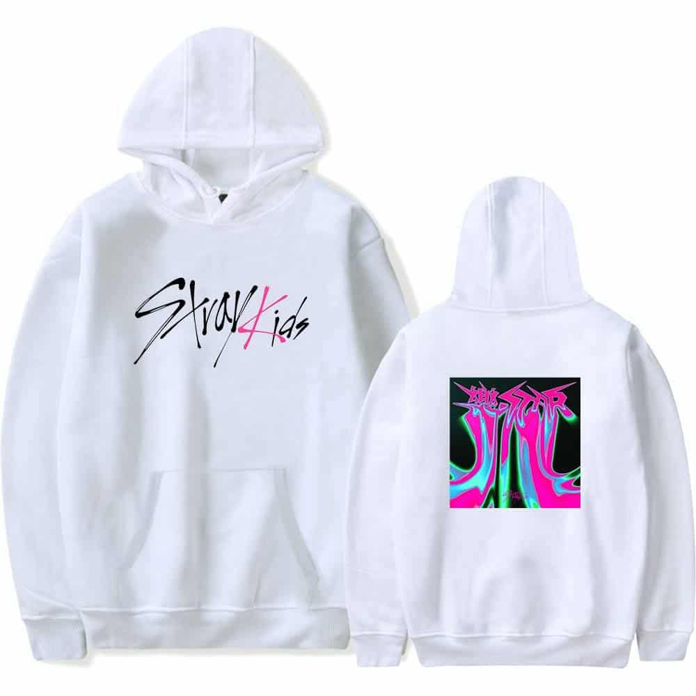 Cute white hoodie with colorful graphic designs and "Stray Kids" text, perfect for K-pop fans and merch collectors.
