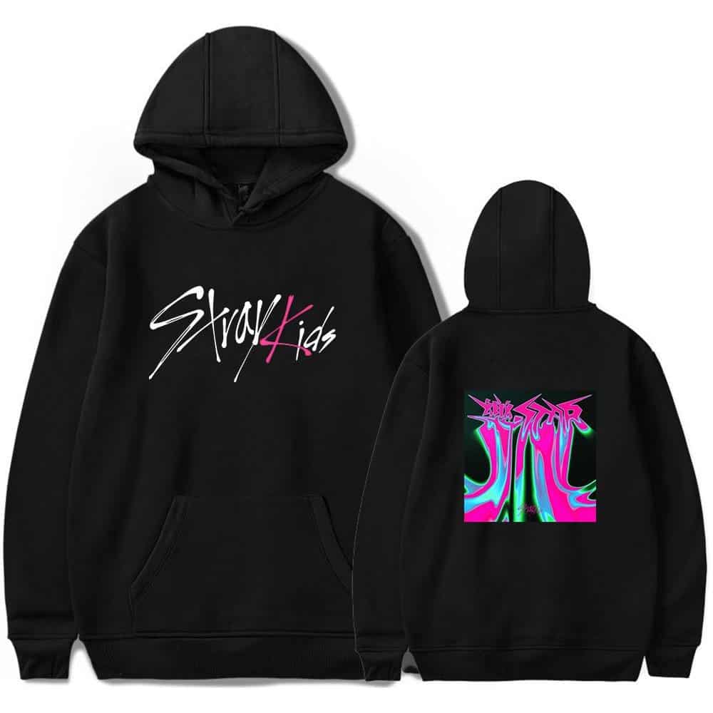 Kpop merch hoodie featuring Stray Kids logo in a stylish design.