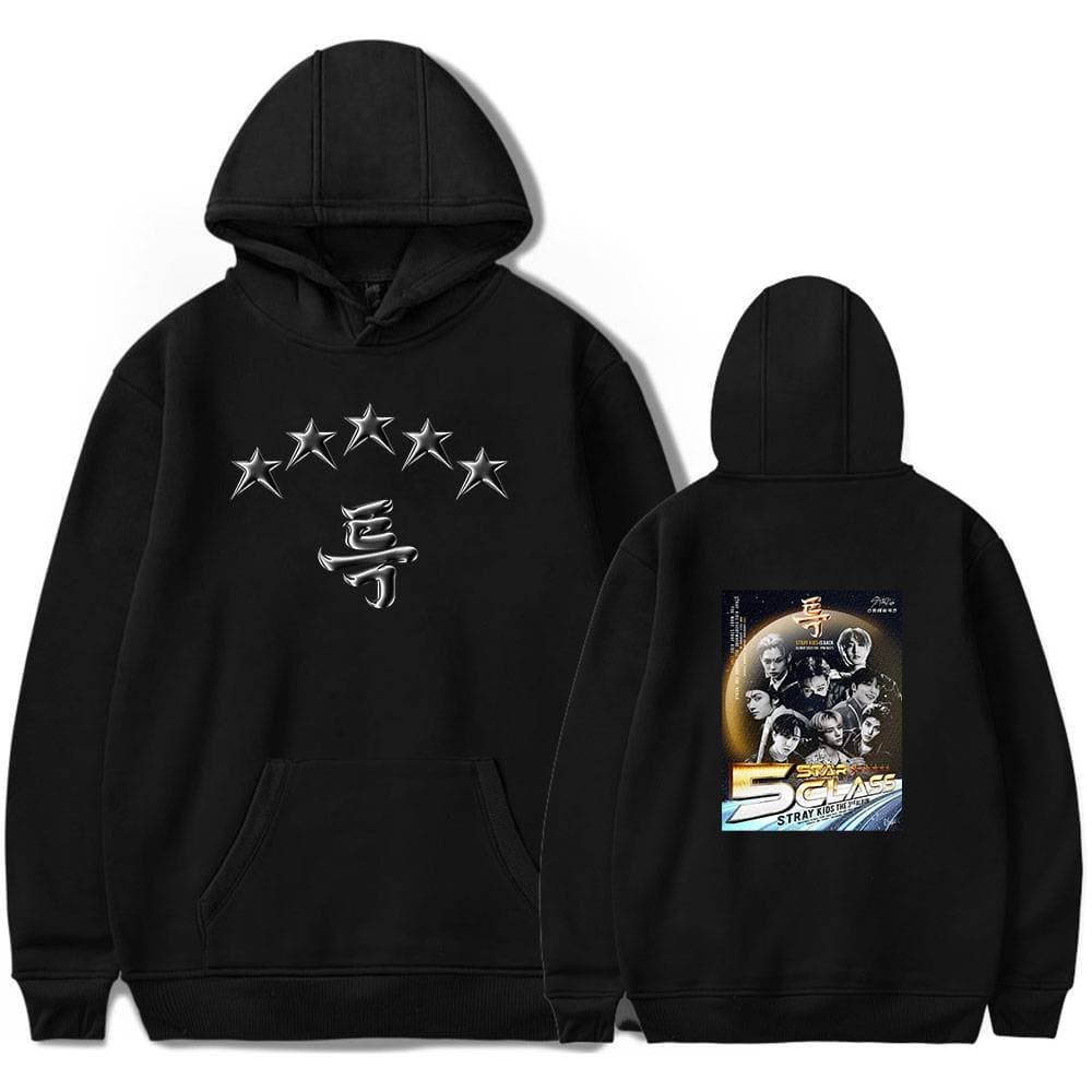 Black hoodie with BTS stars and group image, perfect for K-pop merch fans.