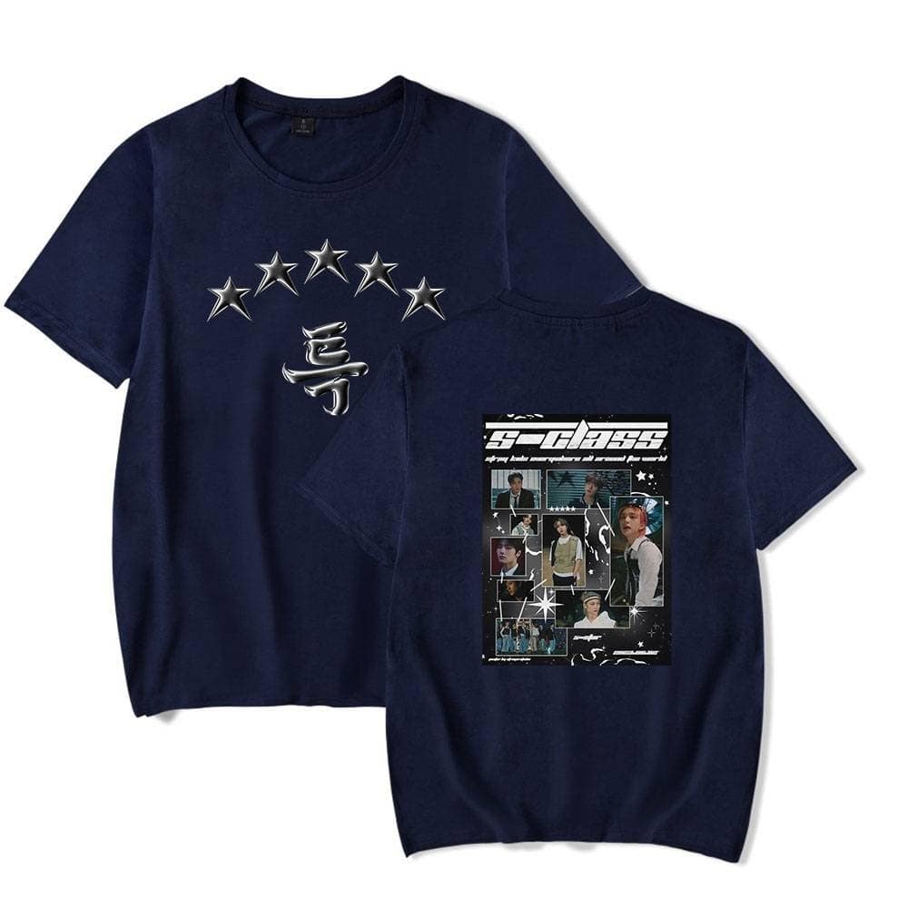 Kpop merch - Navy blue T-shirt featuring BTS members and graphic designs, perfect for K-pop fans and collectors.