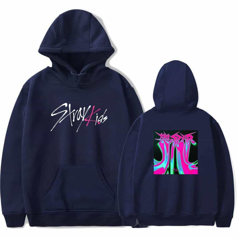 Custom kpop hoodie with colorful graphic and "Stray Kids" text.