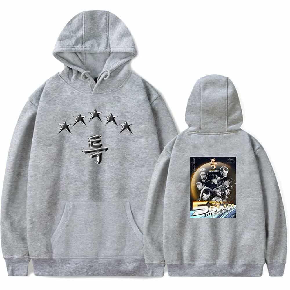 Kpop merch hoodie with star and group photo print.