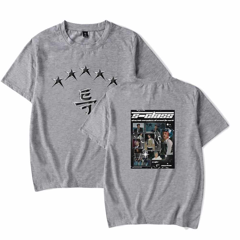 Kpop merch, grey T-shirt featuring a collage of a K-pop group and star designs.