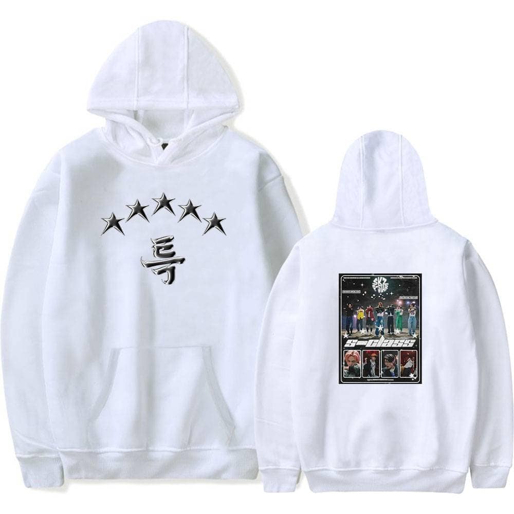 White pullover hoodie with star motifs and a graphic print on the back, perfect for K-pop fans and merchandise collectors.