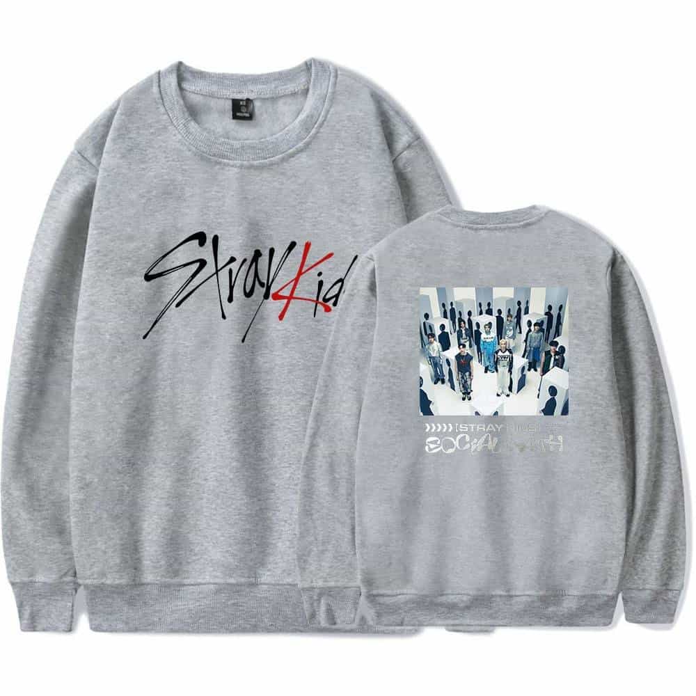 Kpop merch sweatshirt with Stranger Things themed graphic design and social commentary print.