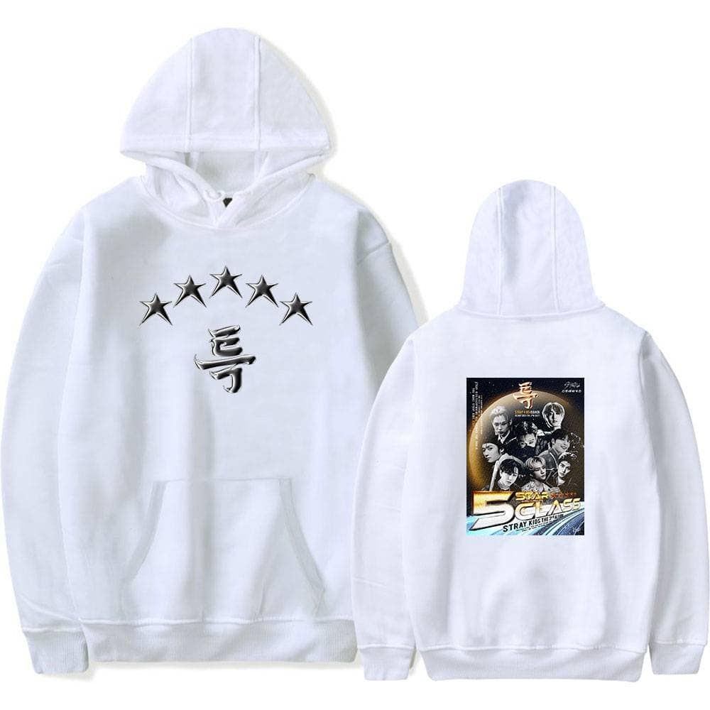 Star-themed white hoodie with Korean characters and five stars on front, featuring a group photo on the back, perfect for K-pop merchandise fans.