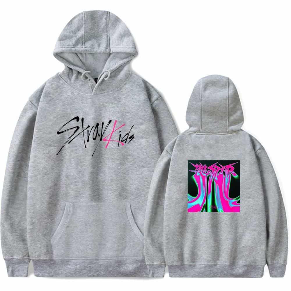 Stylish grey hoodie with "Stray Kids" logo on front and vibrant graphic design on back, perfect for K-pop fans and concert apparel.