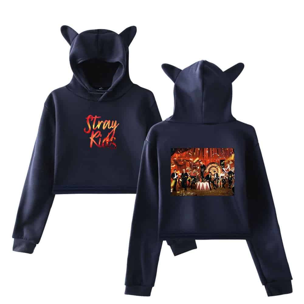 High-quality black K-pop hoodie set with "Stray Kids" logo and concert photo print, featuring playful cat ear hoods for fans of the popular Korean boy band.