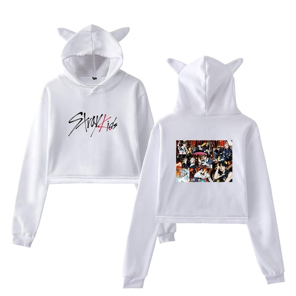 Stylish white K-pop girl group hoodie with animal ear hood and vibrant group photo on back.