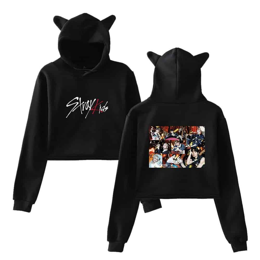 High-quality black K-pop hoodies with cat ears and vibrant group graphic prints, perfect for fans of Showkidz and idol merchandise.