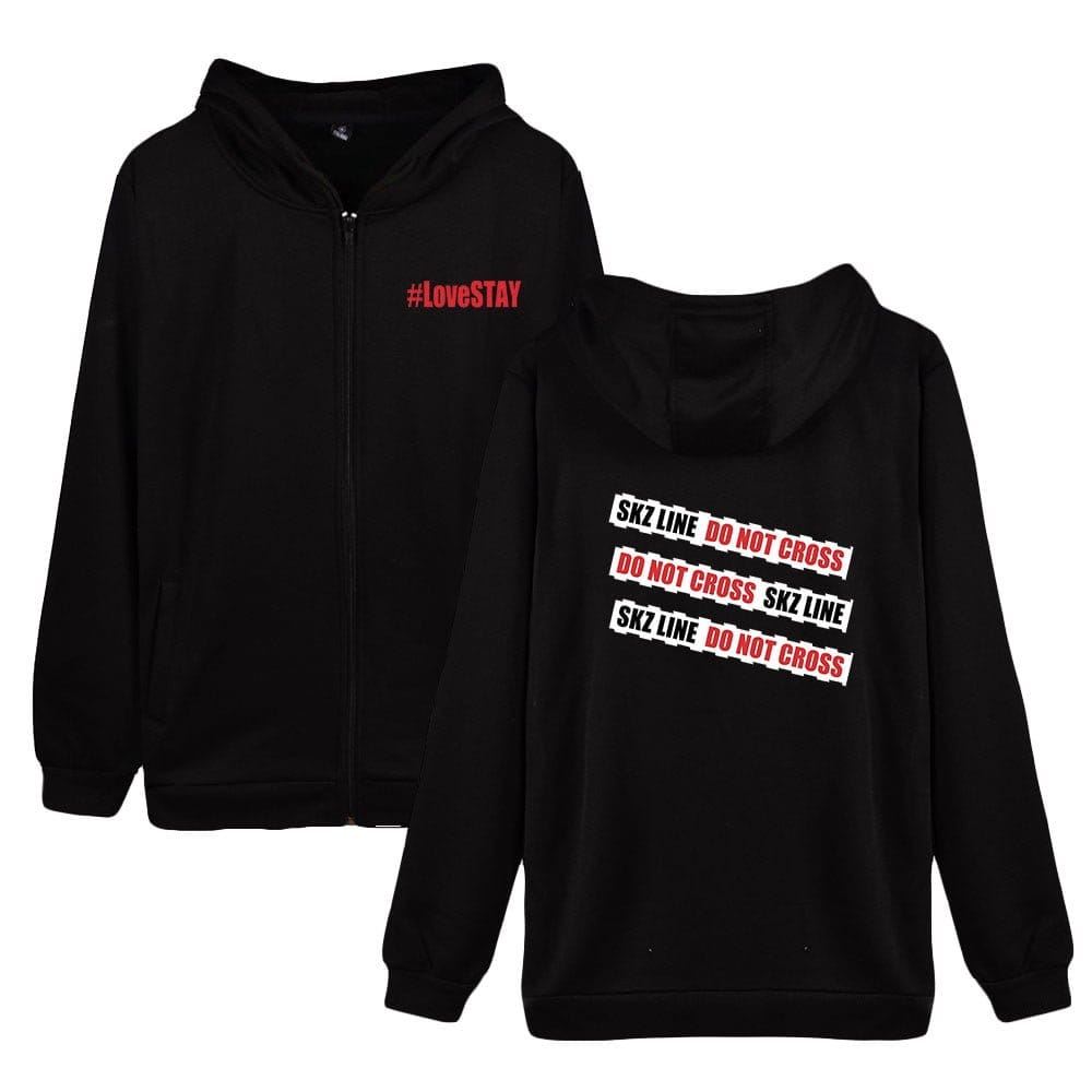 Colorful hoodies with bold text designs, perfect for K-pop fans, featuring phrases like #LoveSTAY and SKZ LINE, ideal for streetwear and fan merchandise.