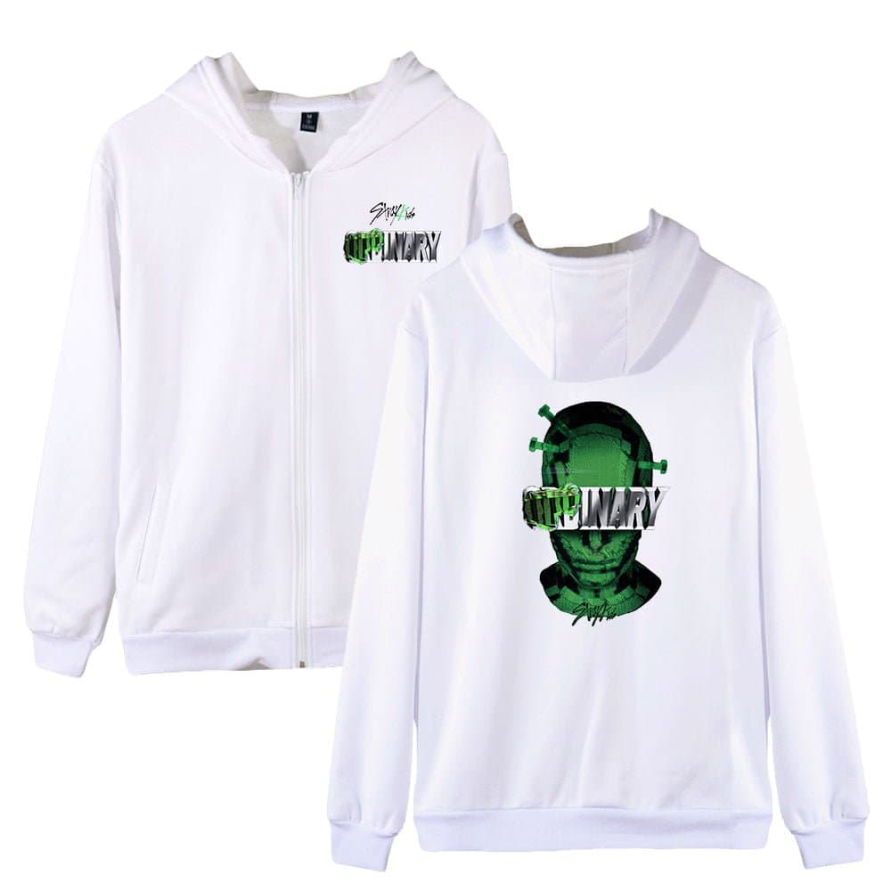 Stylish white hoodies featuring graphic prints related to K-pop merchandise.