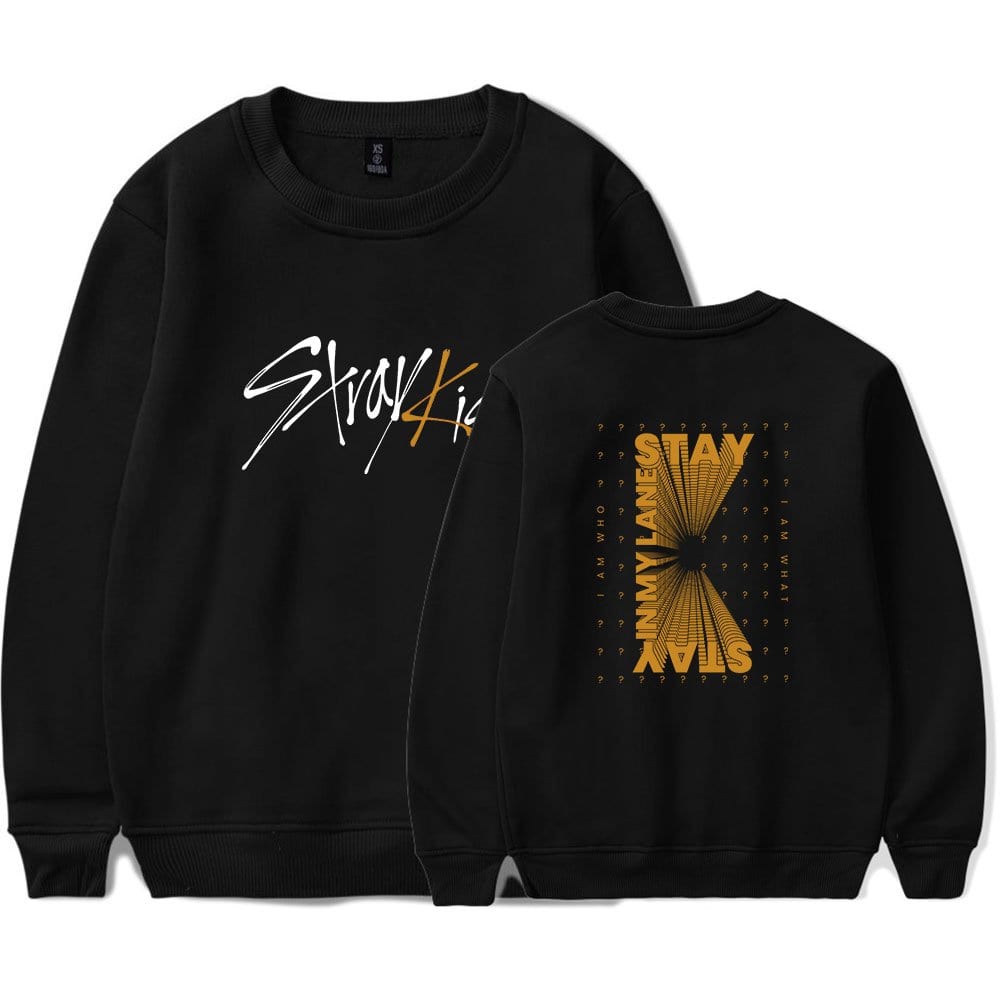 Kpop merch sweatshirt with Stray Kids and Stay in bold graphic design on black fabric.