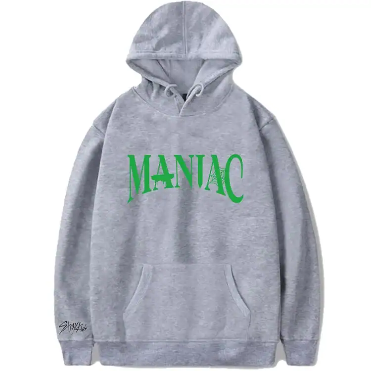 MANIAC hoodie in grey with green text, perfect for Kpop fans and merch enthusiasts.