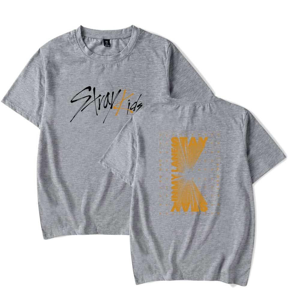 Cool gray graphic T-shirt with "Stray Kids" and "Stay" slogans, perfect for K-pop fans looking for stylish K-pop merch.