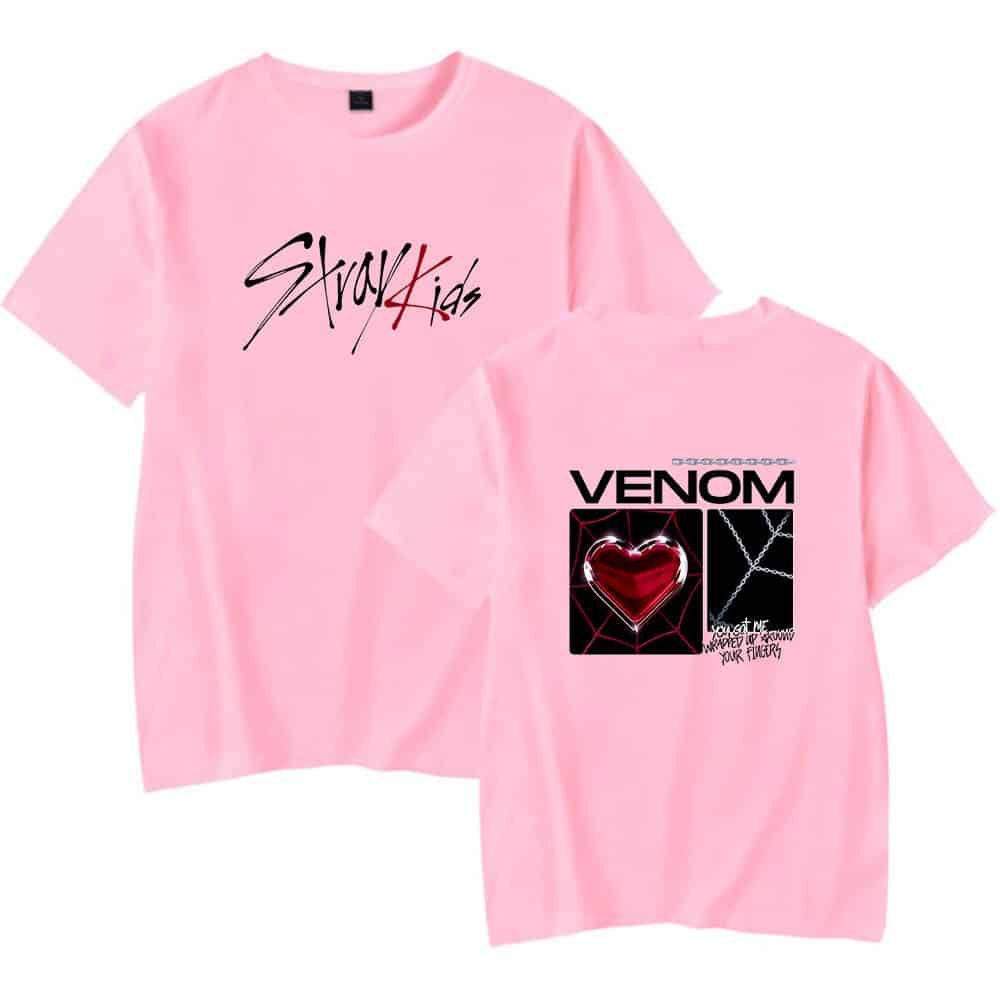 Colorful K-pop themed graphic T-shirts for fans of Stray Kids and VENOM. Bright designs perfect for K-pop merchandise collectors and enthusiasts.